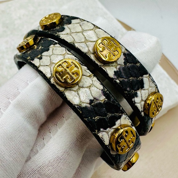 EUC Tory Burch Miller Stud Double Wrap Exotic Snakeskin Bracelet - Picture 8 of 15